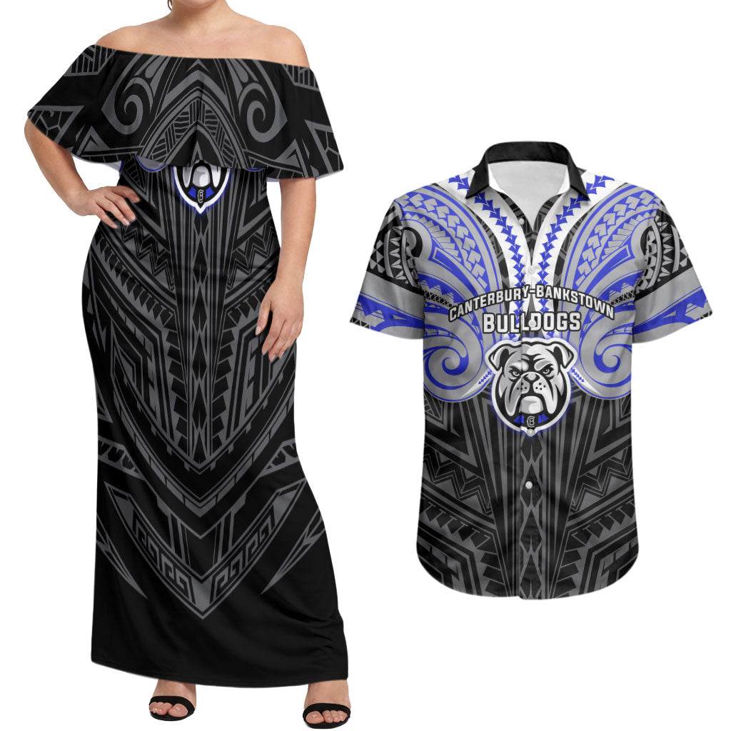 Custom Canterbury-Bankstown Bulldogs Couples Matching Off Shoulder Maxi Dress and Hawaiian Shirt Bulldog Warrior Polynesia Islander Rugby Mascot