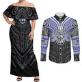Custom Canterbury-Bankstown Bulldogs Couples Matching Off Shoulder Maxi Dress and Long Sleeve Button Shirt Bulldog Warrior Polynesia Islander Rugby Mascot