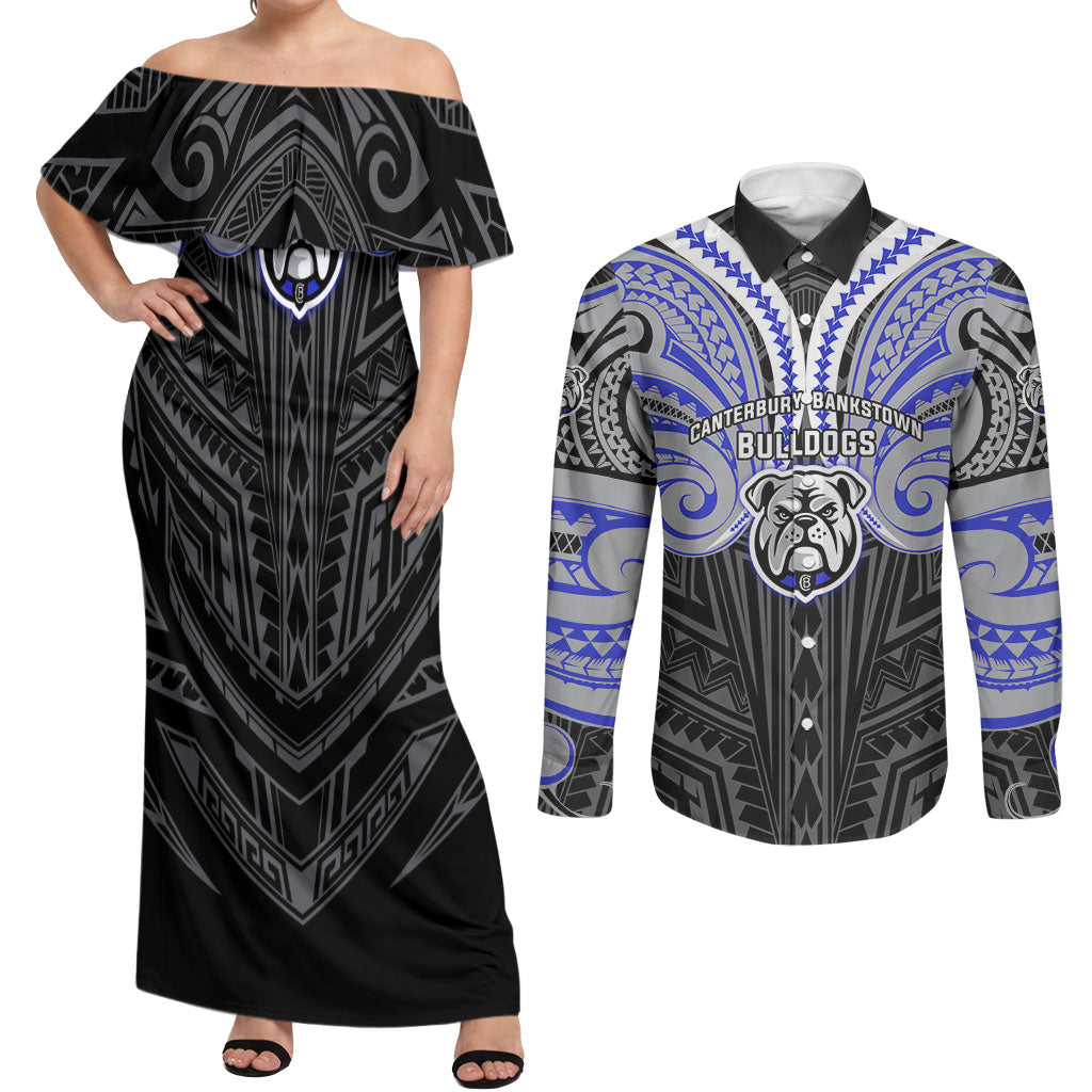 Custom Canterbury-Bankstown Bulldogs Couples Matching Off Shoulder Maxi Dress and Long Sleeve Button Shirt Bulldog Warrior Polynesia Islander Rugby Mascot