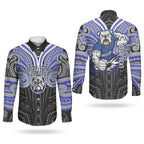 Custom Canterbury-Bankstown Bulldogs Couples Matching Off Shoulder Maxi Dress and Long Sleeve Button Shirt Bulldog Warrior Polynesia Islander Rugby Mascot