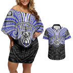 Custom Canterbury-Bankstown Bulldogs Couples Matching Off Shoulder Short Dress and Hawaiian Shirt Bulldog Warrior Polynesia Islander Rugby Mascot