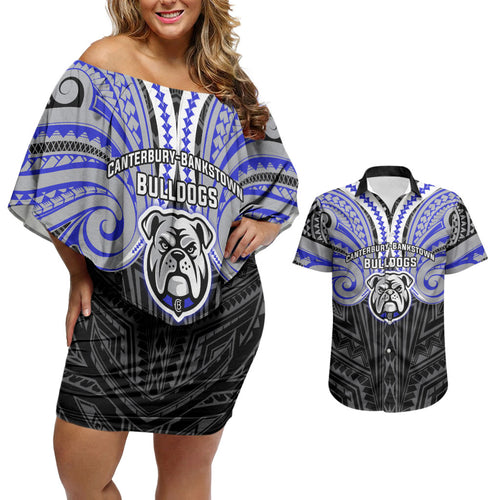 Custom Canterbury-Bankstown Bulldogs Couples Matching Off Shoulder Short Dress and Hawaiian Shirt Bulldog Warrior Polynesia Islander Rugby Mascot