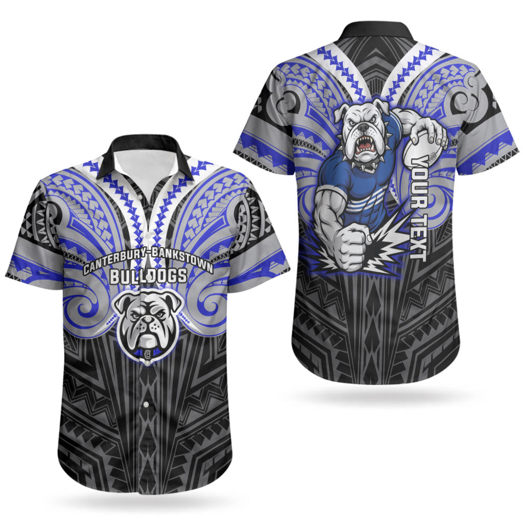 Custom Canterbury-Bankstown Bulldogs Couples Matching Off Shoulder Short Dress and Hawaiian Shirt Bulldog Warrior Polynesia Islander Rugby Mascot