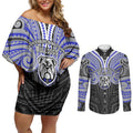 Custom Canterbury-Bankstown Bulldogs Couples Matching Off Shoulder Short Dress and Long Sleeve Button Shirt Bulldog Warrior Polynesia Islander Rugby Mascot