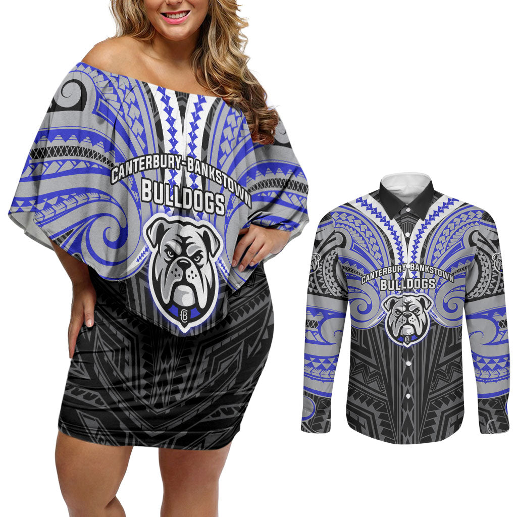 Custom Canterbury-Bankstown Bulldogs Couples Matching Off Shoulder Short Dress and Long Sleeve Button Shirt Bulldog Warrior Polynesia Islander Rugby Mascot