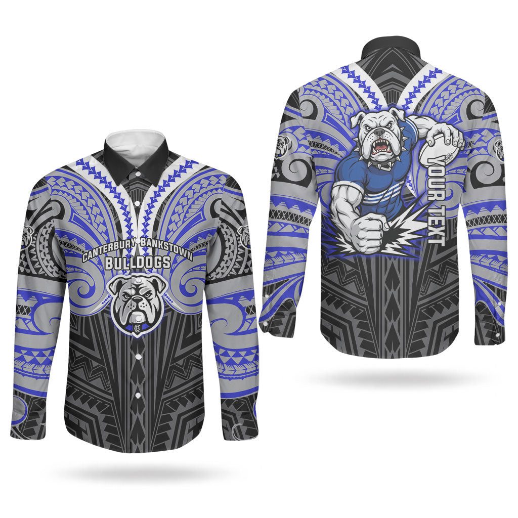 Custom Canterbury-Bankstown Bulldogs Couples Matching Off Shoulder Short Dress and Long Sleeve Button Shirt Bulldog Warrior Polynesia Islander Rugby Mascot