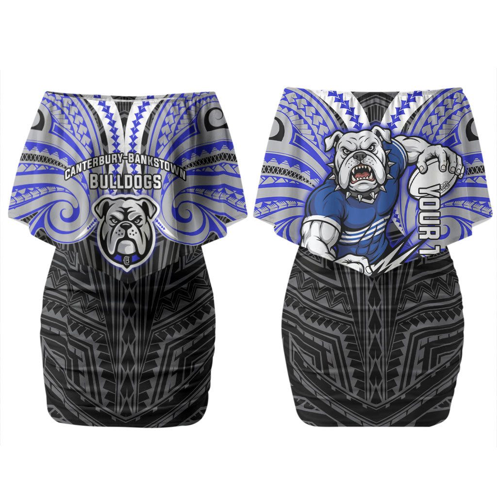 Custom Canterbury-Bankstown Bulldogs Couples Matching Off Shoulder Short Dress and Long Sleeve Button Shirt Bulldog Warrior Polynesia Islander Rugby Mascot