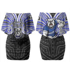 Custom Canterbury-Bankstown Bulldogs Couples Matching Off Shoulder Short Dress and Long Sleeve Button Shirt Bulldog Warrior Polynesia Islander Rugby Mascot