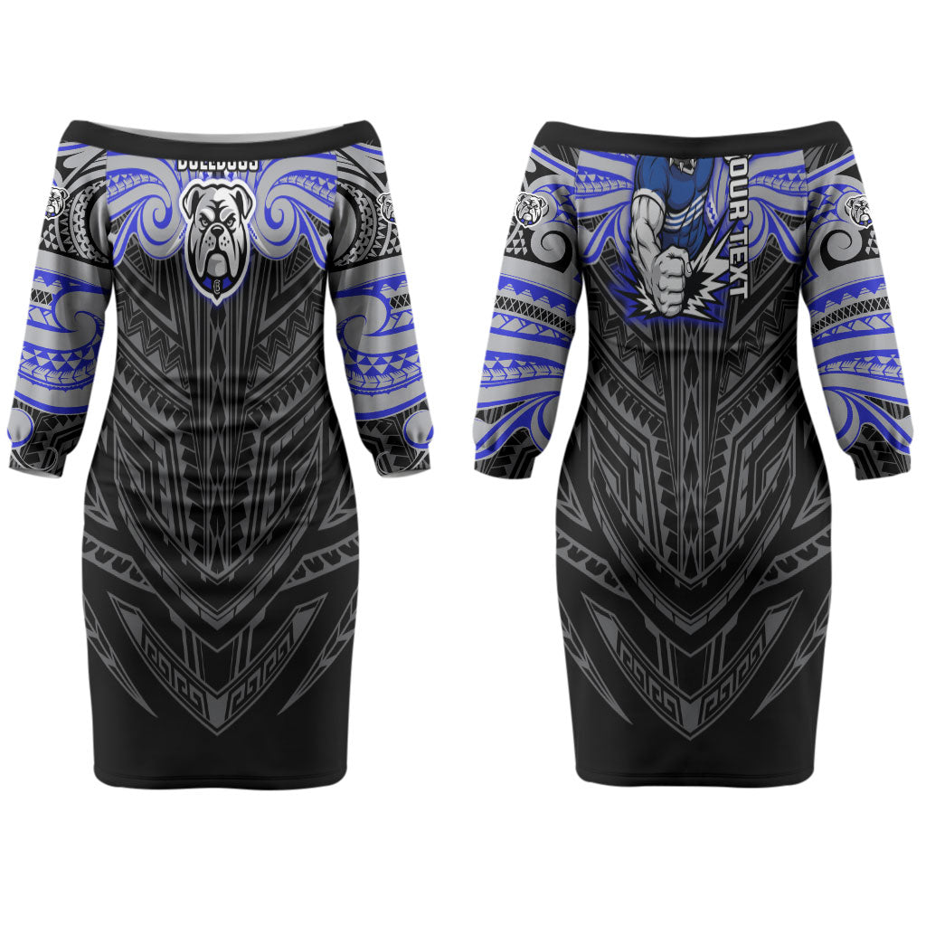 Custom Canterbury-Bankstown Bulldogs Couples Matching Off The Shoulder Long Sleeve Dress and Hawaiian Shirt Bulldog Warrior Polynesia Islander Rugby Mascot