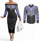 Custom Canterbury-Bankstown Bulldogs Couples Matching Off The Shoulder Long Sleeve Dress and Long Sleeve Button Shirt Bulldog Warrior Polynesia Islander Rugby Mascot