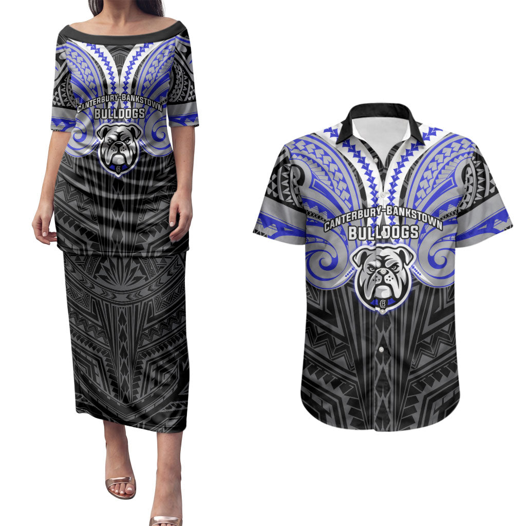 Custom Canterbury-Bankstown Bulldogs Couples Matching Puletasi and Hawaiian Shirt Bulldog Warrior Polynesia Islander Rugby Mascot