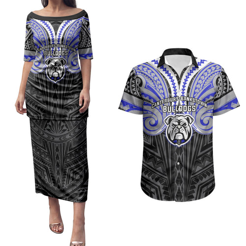 Custom Canterbury-Bankstown Bulldogs Couples Matching Puletasi and Hawaiian Shirt Bulldog Warrior Polynesia Islander Rugby Mascot