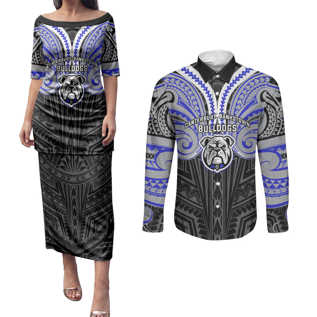 Custom Canterbury-Bankstown Bulldogs Couples Matching Puletasi and Long Sleeve Button Shirt Bulldog Warrior Polynesia Islander Rugby Mascot