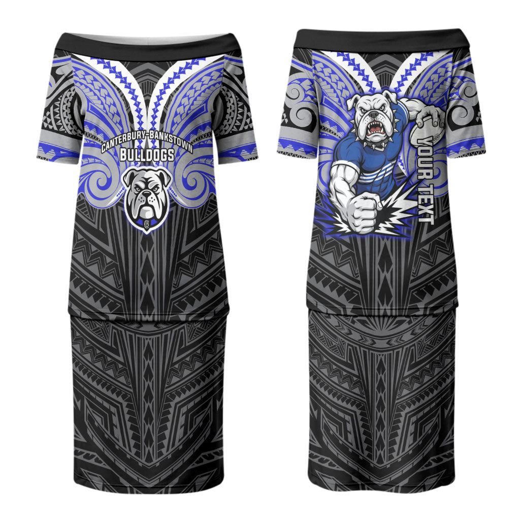 Custom Canterbury-Bankstown Bulldogs Couples Matching Puletasi and Long Sleeve Button Shirt Bulldog Warrior Polynesia Islander Rugby Mascot