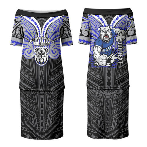 Custom Canterbury-Bankstown Bulldogs Couples Matching Puletasi and Long Sleeve Button Shirt Bulldog Warrior Polynesia Islander Rugby Mascot