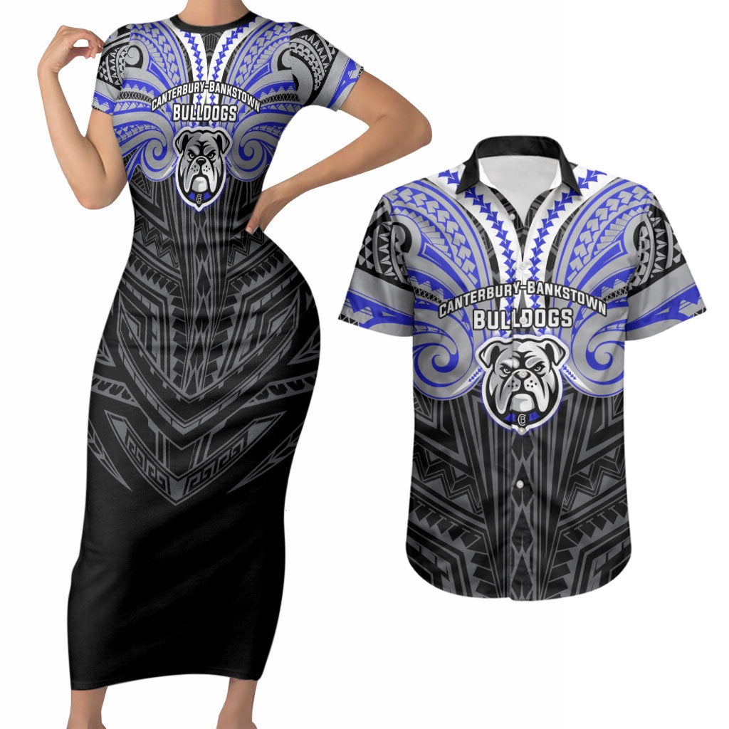 Custom Canterbury-Bankstown Bulldogs Couples Matching Short Sleeve Bodycon Dress and Hawaiian Shirt Bulldog Warrior Polynesia Islander Rugby Mascot
