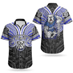Custom Canterbury-Bankstown Bulldogs Couples Matching Short Sleeve Bodycon Dress and Hawaiian Shirt Bulldog Warrior Polynesia Islander Rugby Mascot
