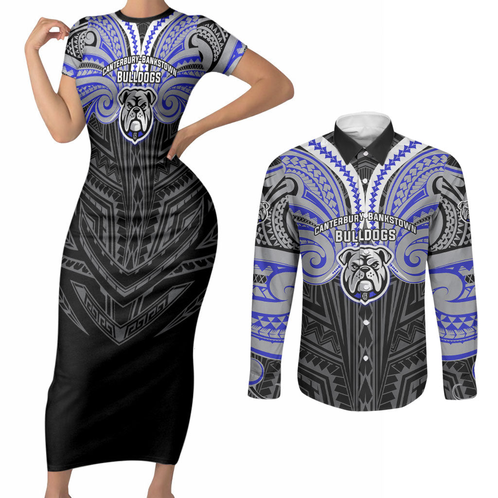 Custom Canterbury-Bankstown Bulldogs Couples Matching Short Sleeve Bodycon Dress and Long Sleeve Button Shirt Bulldog Warrior Polynesia Islander Rugby Mascot