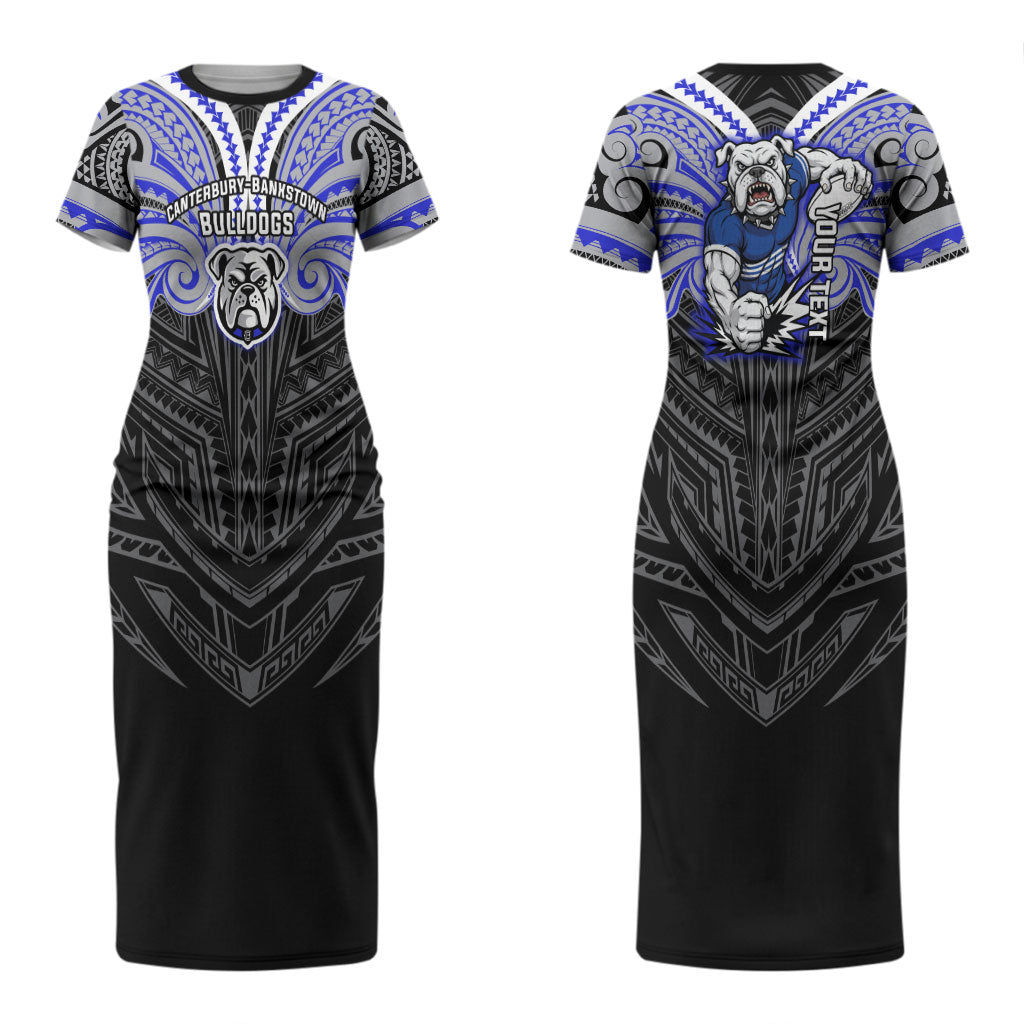 Custom Canterbury-Bankstown Bulldogs Couples Matching Short Sleeve Bodycon Dress and Long Sleeve Button Shirt Bulldog Warrior Polynesia Islander Rugby Mascot