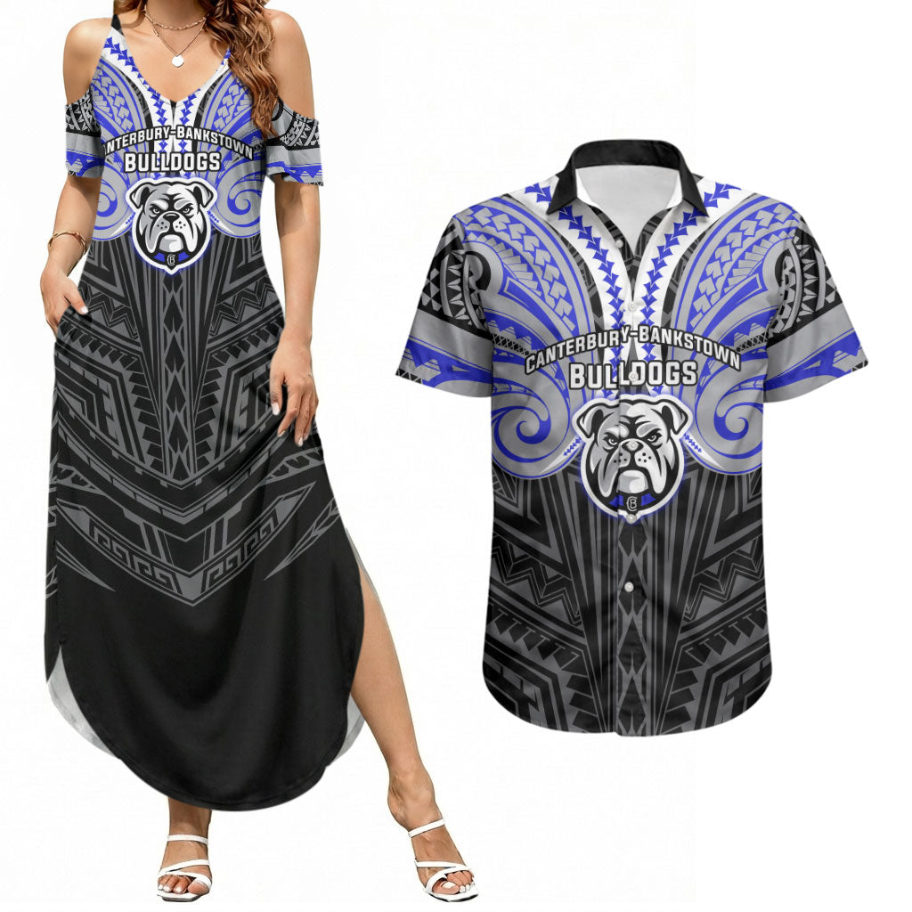 Custom Canterbury-Bankstown Bulldogs Couples Matching Summer Maxi Dress and Hawaiian Shirt Bulldog Warrior Polynesia Islander Rugby Mascot