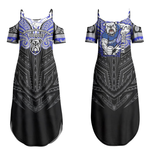 Custom Canterbury-Bankstown Bulldogs Couples Matching Summer Maxi Dress and Hawaiian Shirt Bulldog Warrior Polynesia Islander Rugby Mascot