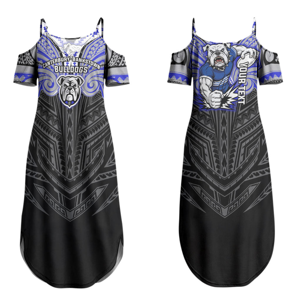 Custom Canterbury-Bankstown Bulldogs Couples Matching Summer Maxi Dress and Long Sleeve Button Shirt Bulldog Warrior Polynesia Islander Rugby Mascot