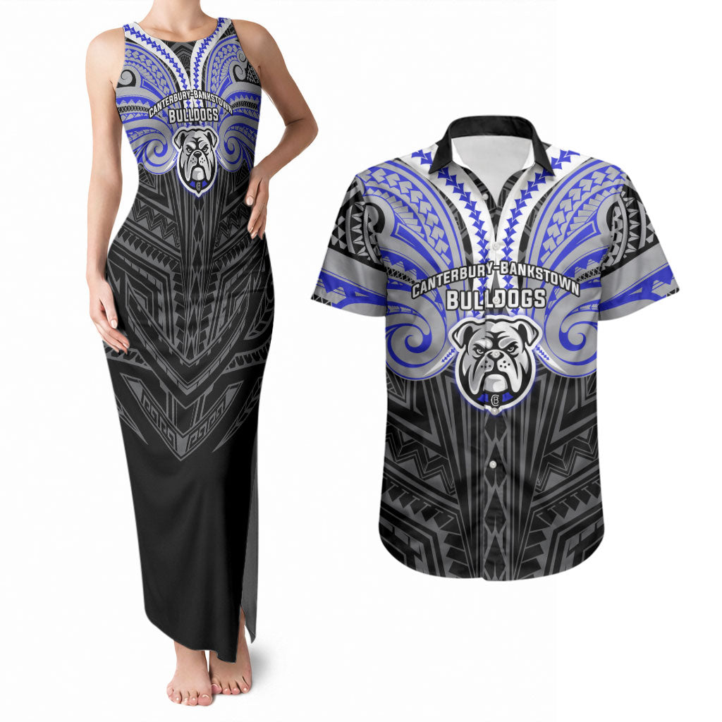 Custom Canterbury-Bankstown Bulldogs Couples Matching Tank Maxi Dress and Hawaiian Shirt Bulldog Warrior Polynesia Islander Rugby Mascot