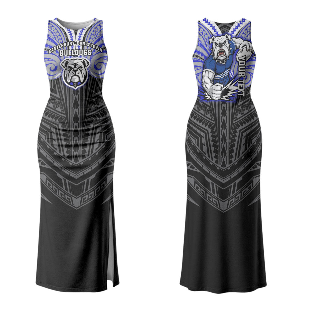 Custom Canterbury-Bankstown Bulldogs Couples Matching Tank Maxi Dress and Hawaiian Shirt Bulldog Warrior Polynesia Islander Rugby Mascot