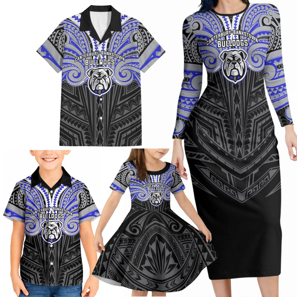 Custom Canterbury-Bankstown Bulldogs Family Matching Long Sleeve Bodycon Dress and Hawaiian Shirt Bulldog Warrior Polynesia Islander Rugby Mascot