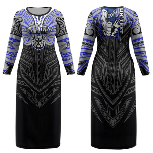 Custom Canterbury-Bankstown Bulldogs Family Matching Long Sleeve Bodycon Dress and Hawaiian Shirt Bulldog Warrior Polynesia Islander Rugby Mascot