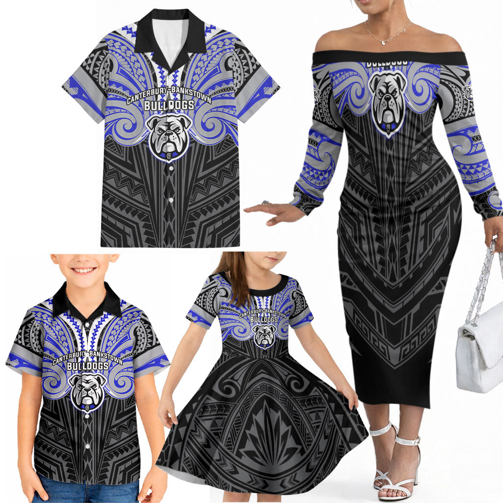 Custom Canterbury-Bankstown Bulldogs Family Matching Off The Shoulder Long Sleeve Dress and Hawaiian Shirt Bulldog Warrior Polynesia Islander Rugby Mascot