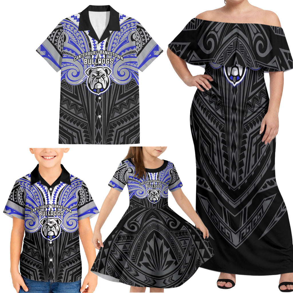 Custom Canterbury-Bankstown Bulldogs Family Matching Off Shoulder Maxi Dress and Hawaiian Shirt Bulldog Warrior Polynesia Islander Rugby Mascot