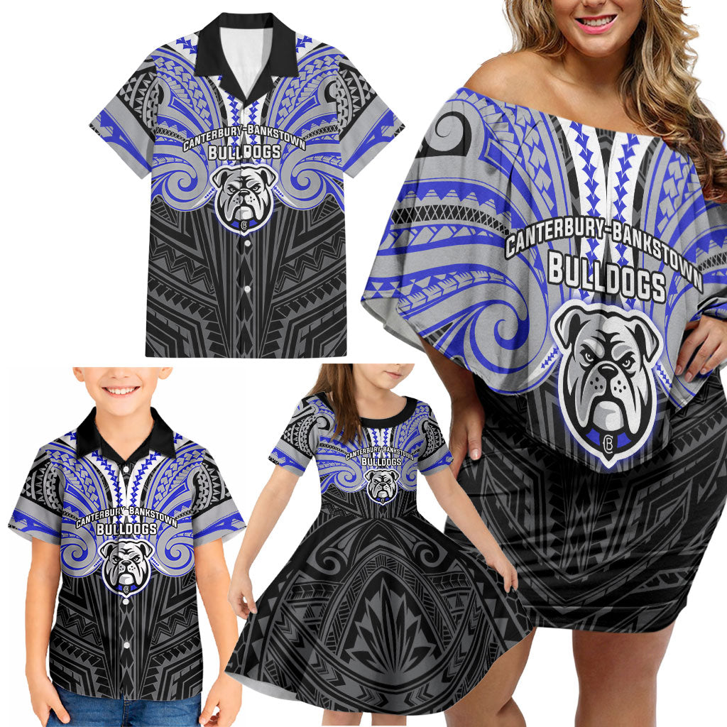 Custom Canterbury-Bankstown Bulldogs Family Matching Off Shoulder Short Dress and Hawaiian Shirt Bulldog Warrior Polynesia Islander Rugby Mascot