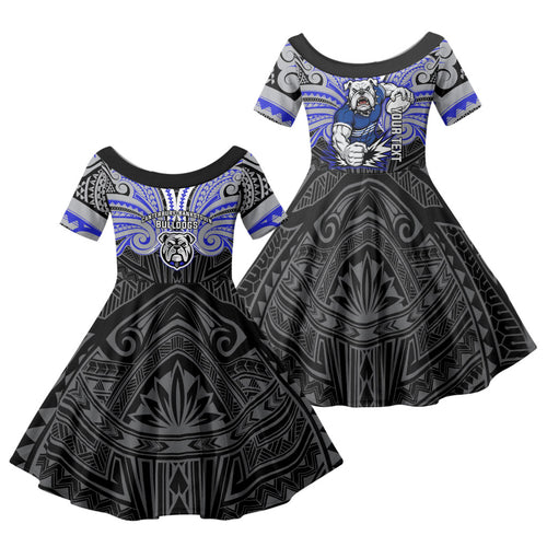 Custom Canterbury-Bankstown Bulldogs Family Matching Off Shoulder Short Dress and Hawaiian Shirt Bulldog Warrior Polynesia Islander Rugby Mascot