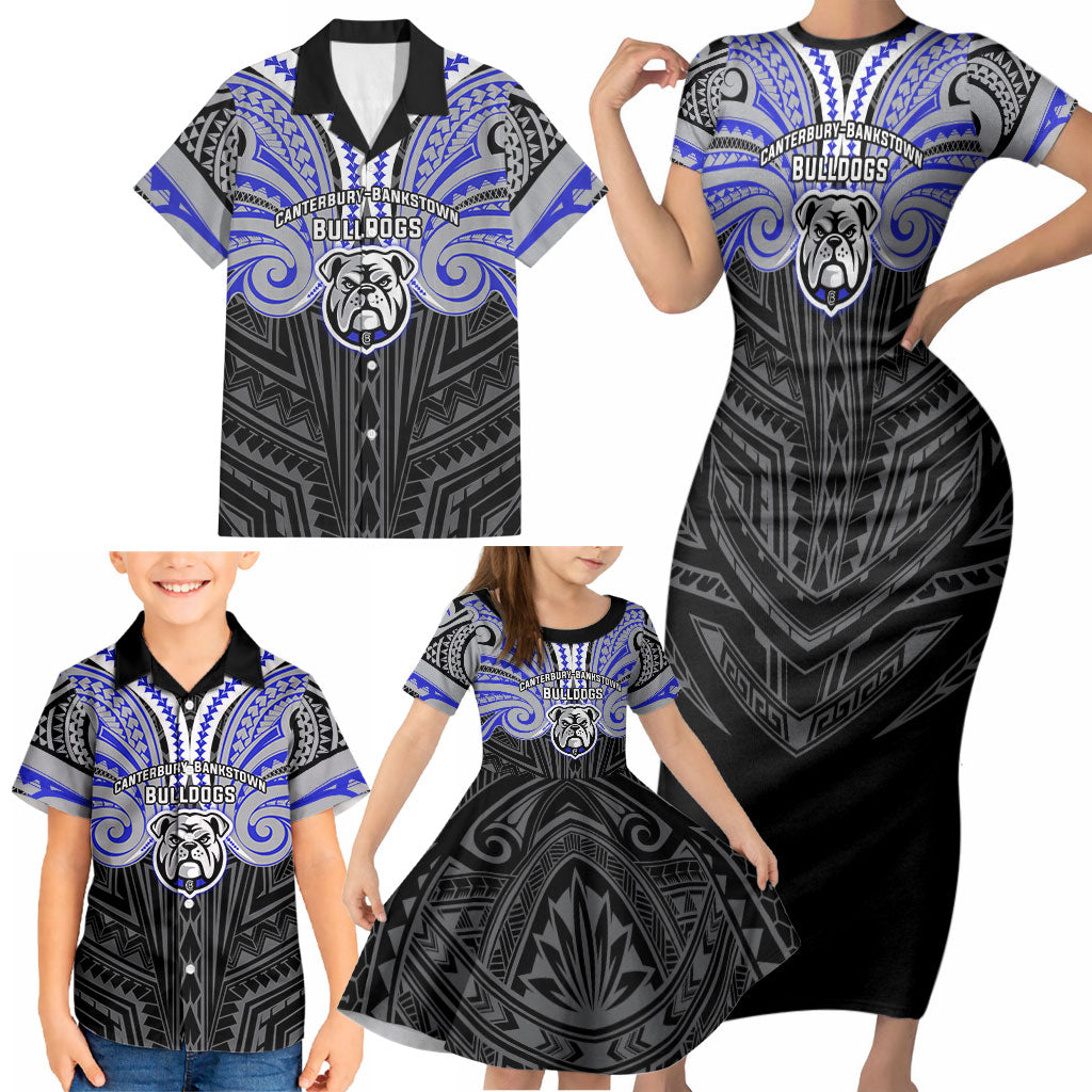 Custom Canterbury-Bankstown Bulldogs Family Matching Short Sleeve Bodycon Dress and Hawaiian Shirt Bulldog Warrior Polynesia Islander Rugby Mascot
