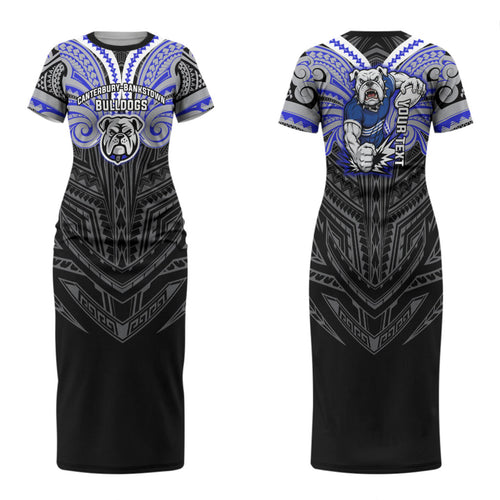 Custom Canterbury-Bankstown Bulldogs Family Matching Short Sleeve Bodycon Dress and Hawaiian Shirt Bulldog Warrior Polynesia Islander Rugby Mascot