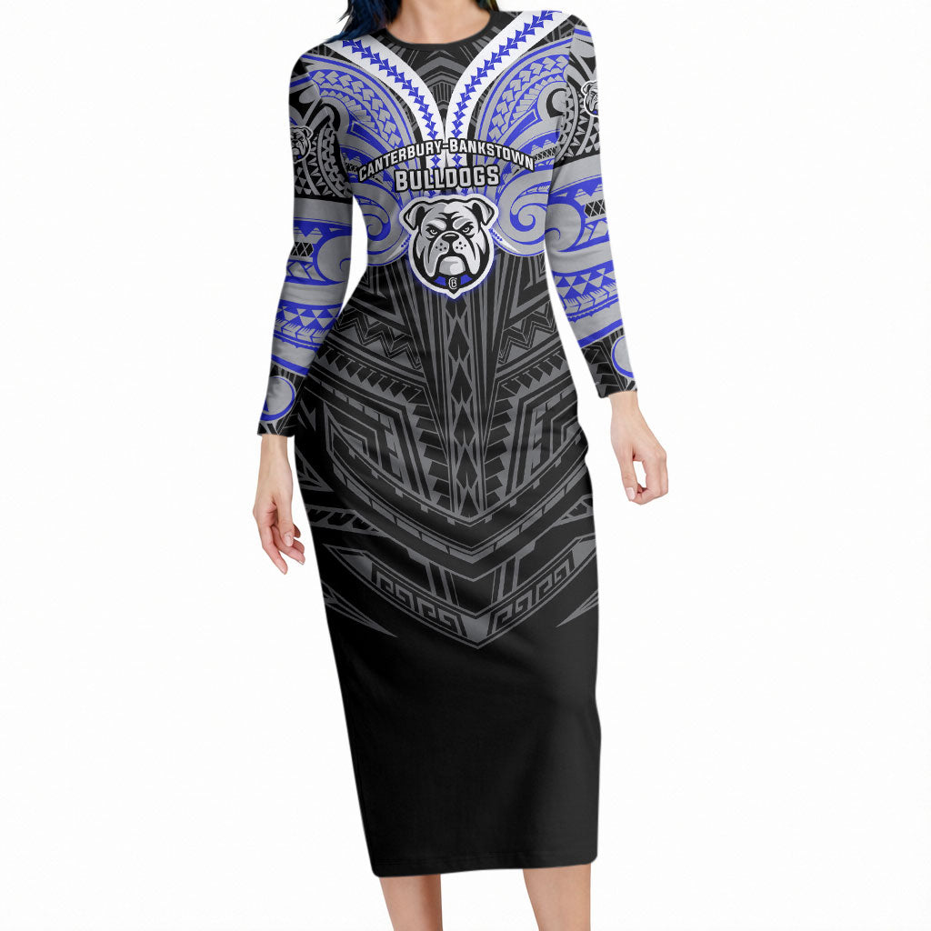 Custom Canterbury-Bankstown Bulldogs Long Sleeve Bodycon Dress Bulldog Warrior Polynesia Islander Rugby Mascot