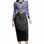 Custom Canterbury-Bankstown Bulldogs Long Sleeve Bodycon Dress Bulldog Warrior Polynesia Islander Rugby Mascot