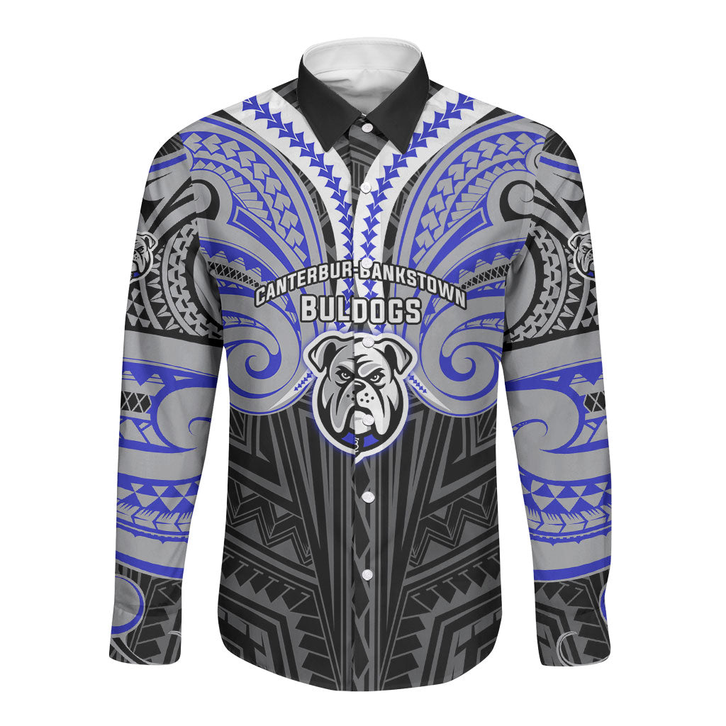 Custom Canterbury-Bankstown Bulldogs Long Sleeve Button Shirt Bulldog Warrior Polynesia Islander Rugby Mascot