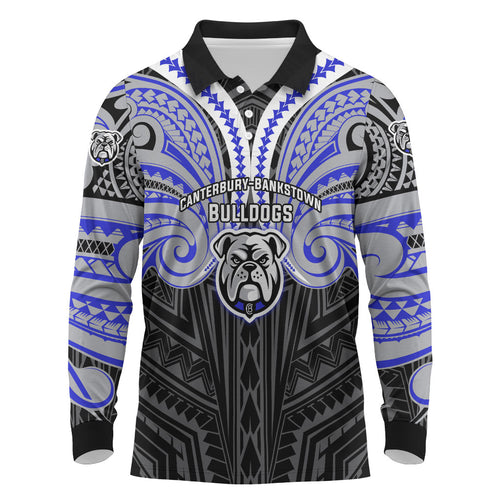 Custom Canterbury-Bankstown Bulldogs Long Sleeve Polo Shirt Bulldog Warrior Polynesia Islander Rugby Mascot