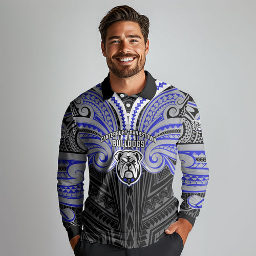 Custom Canterbury-Bankstown Bulldogs Long Sleeve Polo Shirt Bulldog Warrior Polynesia Islander Rugby Mascot