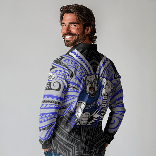Custom Canterbury-Bankstown Bulldogs Long Sleeve Polo Shirt Bulldog Warrior Polynesia Islander Rugby Mascot