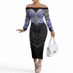 Custom Canterbury-Bankstown Bulldogs Off The Shoulder Long Sleeve Dress Bulldog Warrior Polynesia Islander Rugby Mascot