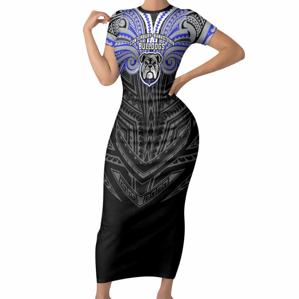 Custom Canterbury-Bankstown Bulldogs Short Sleeve Bodycon Dress Bulldog Warrior Polynesia Islander Rugby Mascot