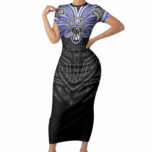 Custom Canterbury-Bankstown Bulldogs Short Sleeve Bodycon Dress Bulldog Warrior Polynesia Islander Rugby Mascot