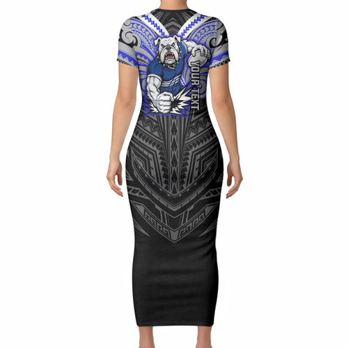Custom Canterbury-Bankstown Bulldogs Short Sleeve Bodycon Dress Bulldog Warrior Polynesia Islander Rugby Mascot