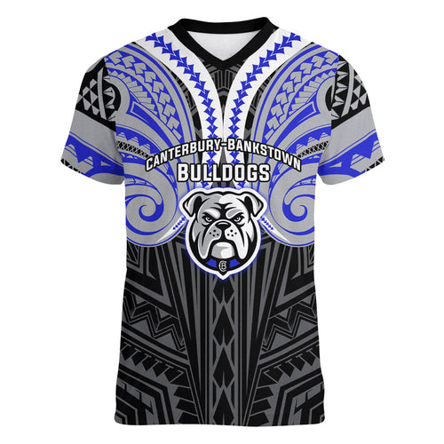Custom Canterbury-Bankstown Bulldogs Women V-Neck T-Shirt Bulldog Warrior Polynesia Islander Rugby Mascot