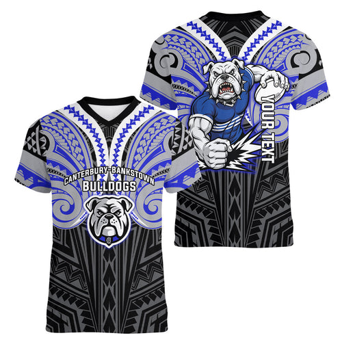 Custom Canterbury-Bankstown Bulldogs Women V-Neck T-Shirt Bulldog Warrior Polynesia Islander Rugby Mascot