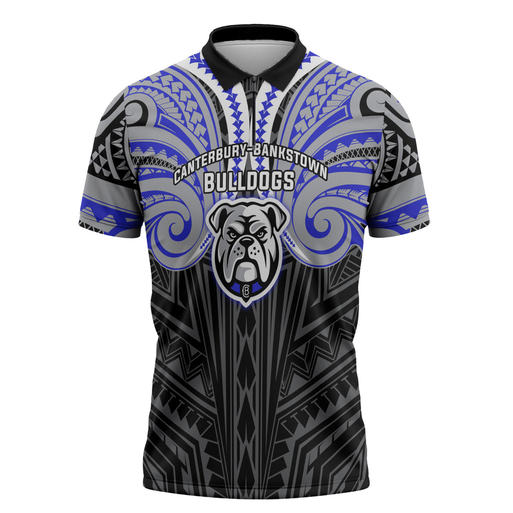Custom Canterbury-Bankstown Bulldogs Zipper Polo Shirt Bulldog Warrior Polynesia Islander Rugby Mascot