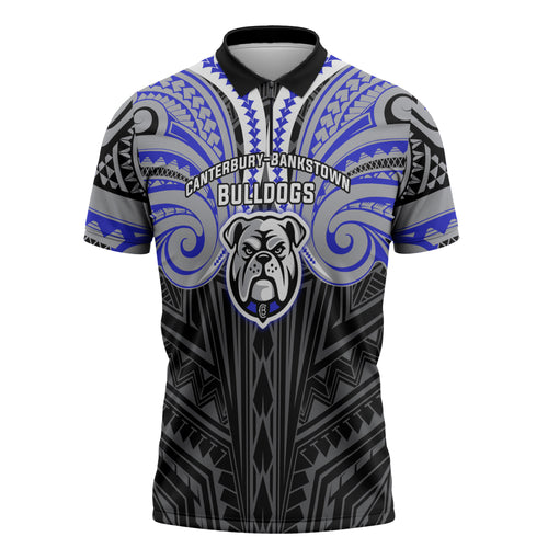 Custom Canterbury-Bankstown Bulldogs Zipper Polo Shirt Bulldog Warrior Polynesia Islander Rugby Mascot